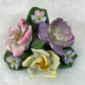 Vintage Coalport Bone China Flower Brooch England Yellow Pink Purple 1.5"